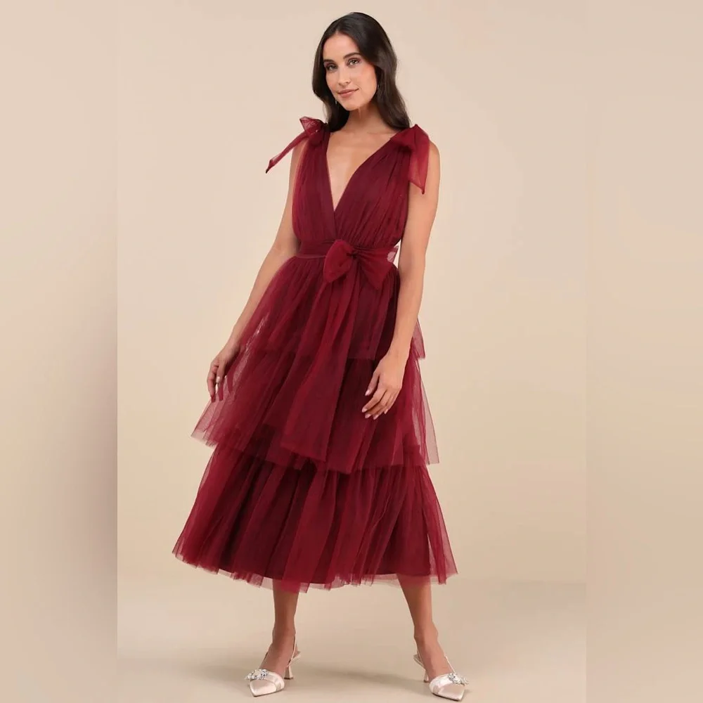 NWOT Lulu’s Flawless Arrival Burgundy Tulle Tiered Maxi Dress M $98 Medium - Picture 6 of 8